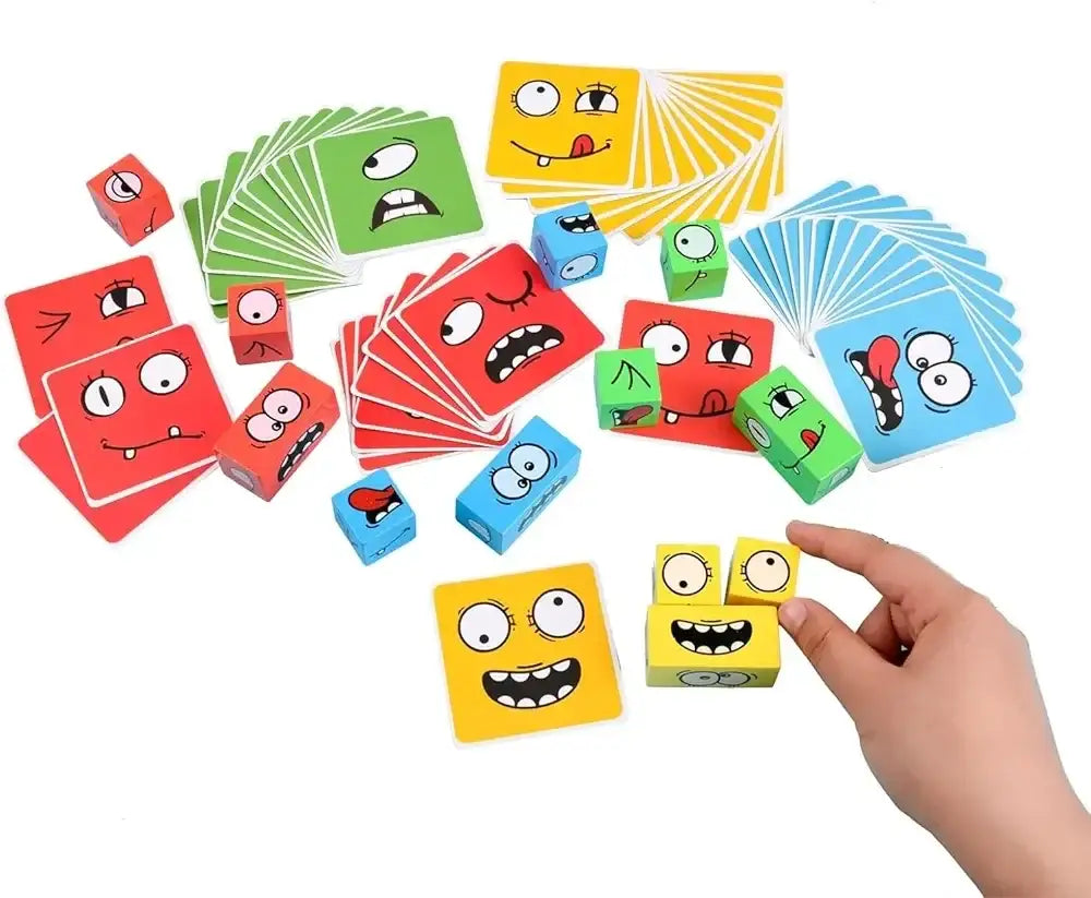 مكعبات بناء مكعبات تغيير الوجه لعبة تعبير الوجه الخشبية لعبة تعليمية مطابقة للوجه للعائلة للأطفال (16 لغزًا خشبيًا و72 بطاقة) (مع صندوق معدني) - Sooqja سوقجة