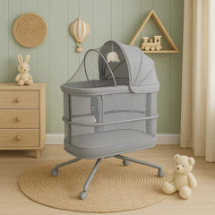 ماستيلا Mastela - سرير أطفال مع مظلة وارتفاع قابل للتعديل وعجلات دوارة - رمادي