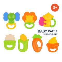 المجموعة هي "BABY RATTLE TEETHING SET" (مجموعة خشخيشات التسنين للأطفال)