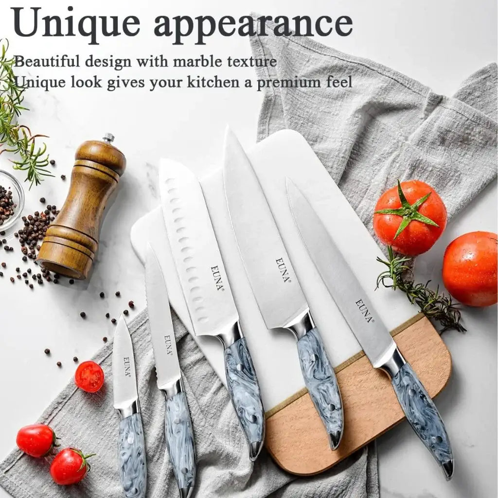 طقم سكاكين المطبخ من EUNA – 5 قطع احترافية بمقابض أكريليك بيضاء ، مصنوعة من الفولاذ المقاوم للصدأ - Sooqja سوقجة