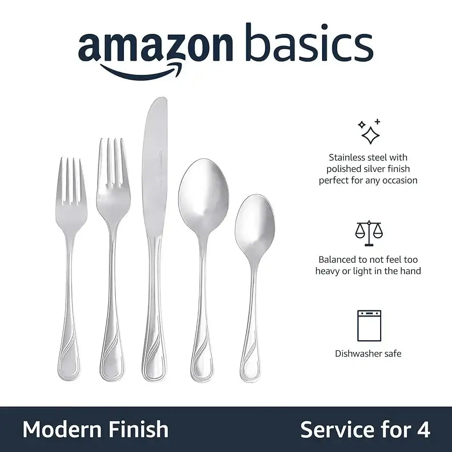 طقم أدوات مائدة أمازون بيسكس من الفولاذ المقاوم للصدأ بلمسة نهائية عصرية، مكون من 20 قطعة، مناسب لأربعة أشخاص - فضي - Sooqja سوقجة
