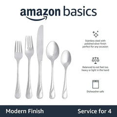طقم أدوات مائدة أمازون بيسكس من الفولاذ المقاوم للصدأ بلمسة نهائية عصرية، مكون من 20 قطعة، مناسب لأربعة أشخاص - فضي - Sooqja سوقجة