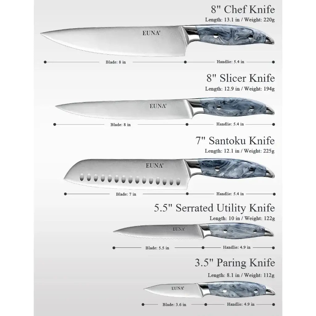 طقم سكاكين المطبخ من EUNA – 5 قطع احترافية بمقابض أكريليك بيضاء ، مصنوعة من الفولاذ المقاوم للصدأ - Sooqja سوقجة