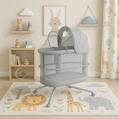 ماستيلا Mastela - سرير أطفال مع مظلة وارتفاع قابل للتعديل وعجلات دوارة - رمادي