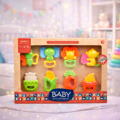 المجموعة هي "BABY RATTLE TEETHING SET" (مجموعة خشخيشات التسنين للأطفال)