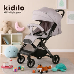 عربة الأطفال المدمجة Kidilo K8 Pro – حماية من الشمس وسهولة في التنقل – متوفرة باللونين الرمادي الفاتح والكاكي