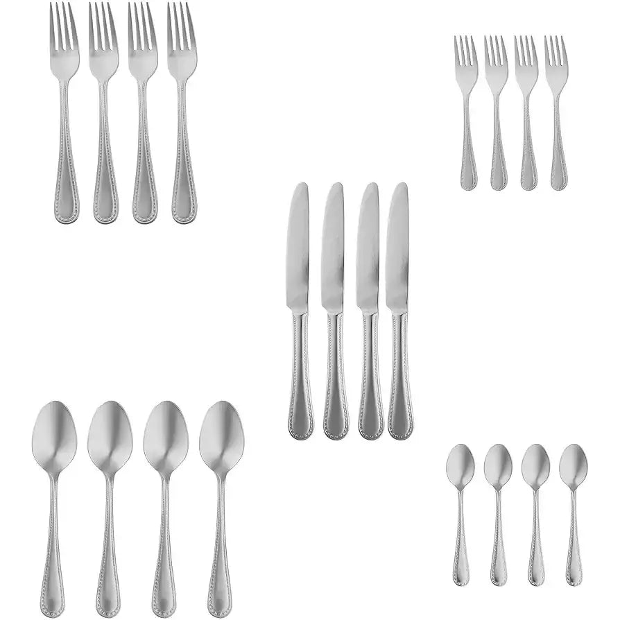 طقم أدوات مائدة من أمازون بيسكس، 20 قطعة من الفولاذ المقاوم للصدأ بحافة لؤلؤية، تكفي 4 أشخاص - لون فضي - Sooqja سوقجة