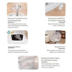 سرير كهربائي للأطفال من ماستيلا، مزود بسبعة أوضاع تأرجح، وموسيقى، وضبط مسند الظهر، وألعاب معلقة، ولوحة لمس - رمادي فاتح