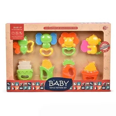 المجموعة هي "BABY RATTLE TEETHING SET" (مجموعة خشخيشات التسنين للأطفال) - Sooqja سوقجة