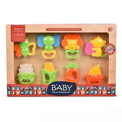 المجموعة هي "BABY RATTLE TEETHING SET" (مجموعة خشخيشات التسنين للأطفال) - Sooqja سوقجة