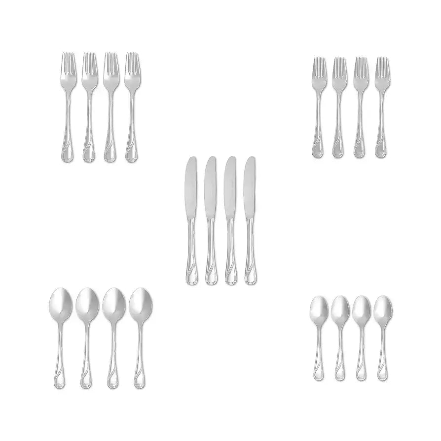 طقم أدوات مائدة أمازون بيسكس من الفولاذ المقاوم للصدأ بلمسة نهائية عصرية، مكون من 20 قطعة، مناسب لأربعة أشخاص - فضي - Sooqja سوقجة