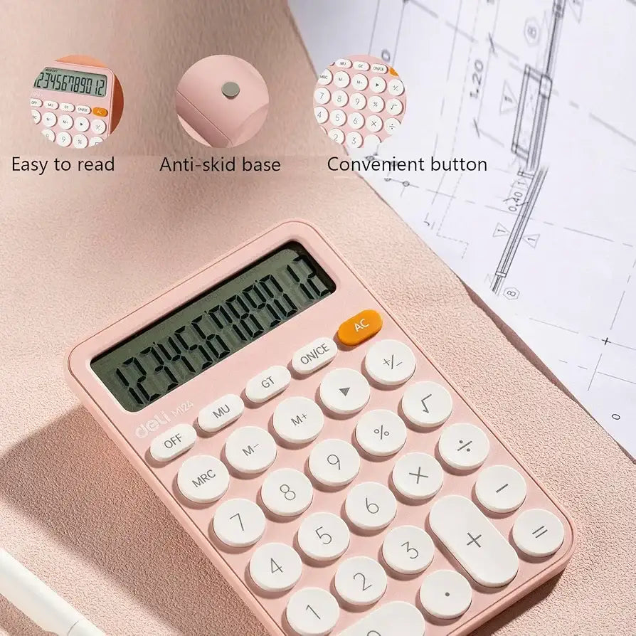 آلة حاسبة ديلي M124 مكتبية ذات شاشة LCD كبيرة مكونة من 12 رقمًا وزر حساس، مع وظائف قياسية للاستخدام المكتبي - Sooqja سوقجة