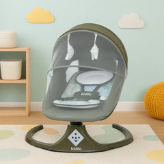 كرسي هزاز للأطفال kidilo كيديلو الأنيق الرمادي متعدد الاستخدامات ٣ في ١ - حركة جانبية، مقعد متكئ، مظلة مع ناموسية، اتصال بلوتوث، جهاز تحكم عن بعد، ١٥ نغمة هادئة, بألون السكني