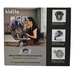 كرسي هزاز للأطفال كيديلو الأنيق الرمادي متعدد الاستخدامات ٣ في ١ - حركة جانبية، مقعد متكئ، مظلة مع ناموسية، اتصال بلوتوث، جهاز تحكم عن بعد، ١٥ نغمة هادئة, بألون السكني - Sooqja سوقجة