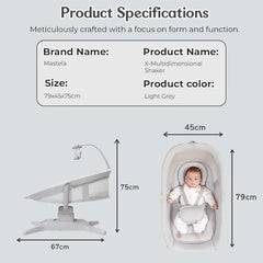 سرير كهربائي للأطفال من ماستيلا، مزود بسبعة أوضاع تأرجح، وموسيقى، وضبط مسند الظهر، وألعاب معلقة، ولوحة لمس - رمادي فاتح