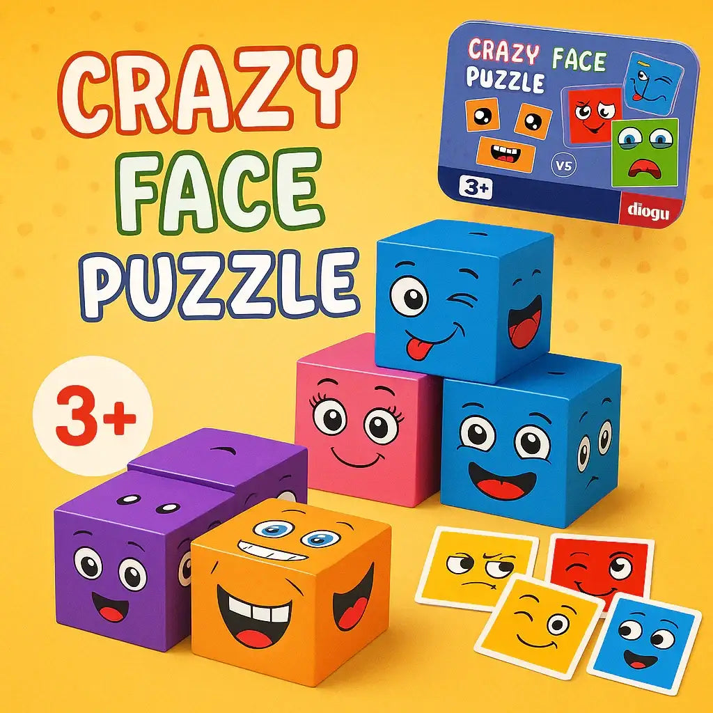 مكعبات بناء مكعبات تغيير الوجه لعبة تعبير الوجه الخشبية لعبة تعليمية مطابقة للوجه للعائلة للأطفال (16 لغزًا خشبيًا و72 بطاقة) (مع صندوق معدني) - Sooqja سوقجة