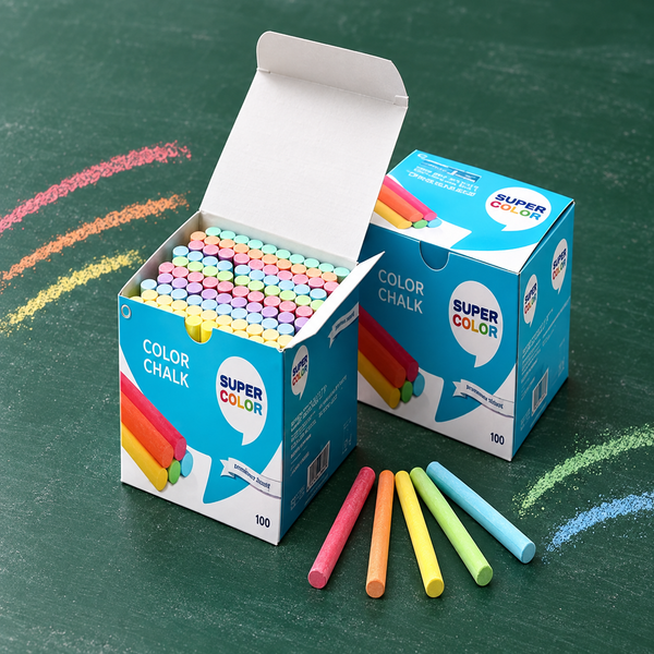 طباشير ملون Super Color داخل العلبة وعلى سطح سبورة