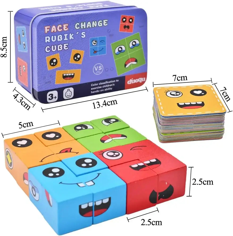 مكعبات بناء مكعبات تغيير الوجه لعبة تعبير الوجه الخشبية لعبة تعليمية مطابقة للوجه للعائلة للأطفال (16 لغزًا خشبيًا و72 بطاقة) (مع صندوق معدني) - Sooqja سوقجة