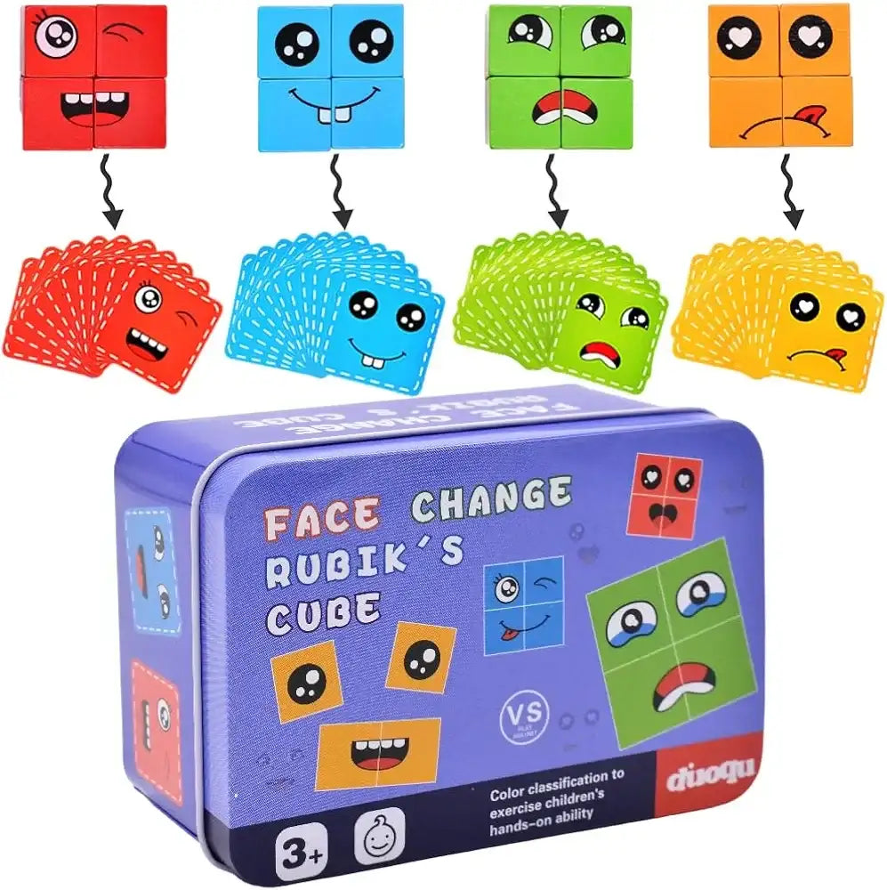مكعبات بناء مكعبات تغيير الوجه لعبة تعبير الوجه الخشبية لعبة تعليمية مطابقة للوجه للعائلة للأطفال (16 لغزًا خشبيًا و72 بطاقة) (مع صندوق معدني) - Sooqja سوقجة