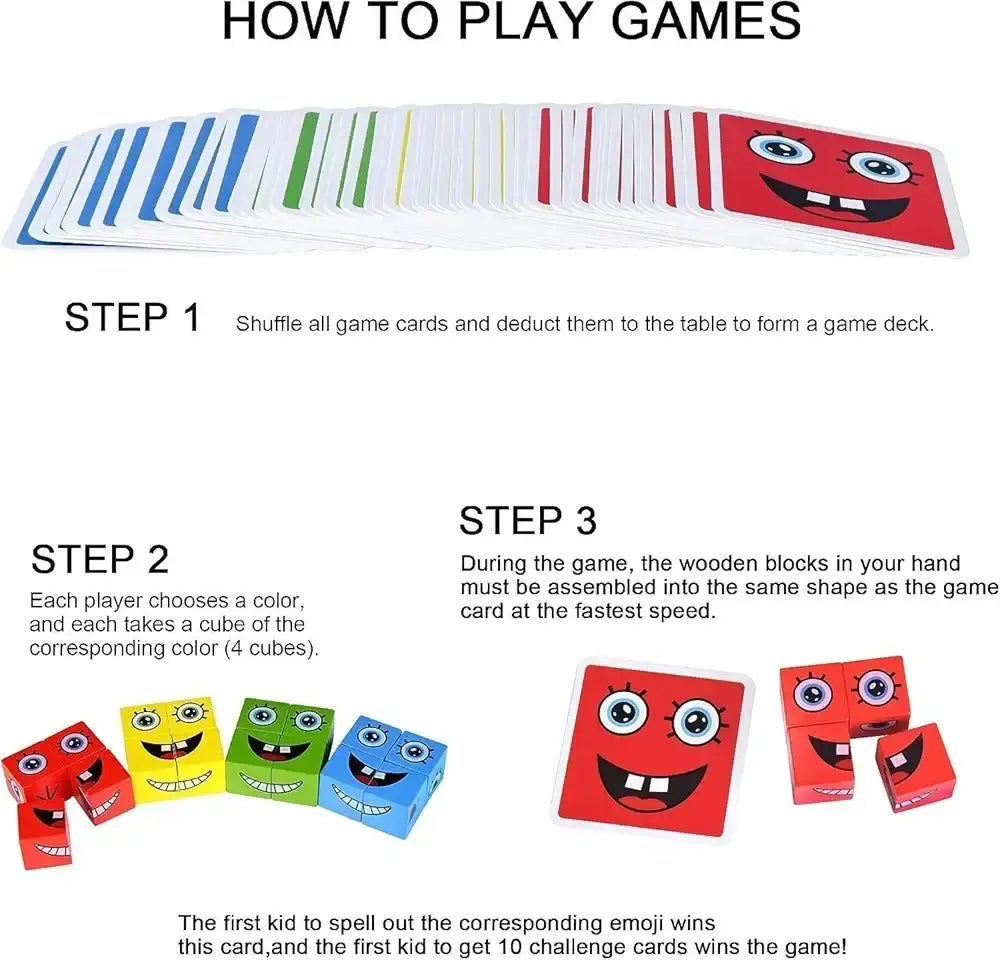 مكعبات بناء مكعبات تغيير الوجه لعبة تعبير الوجه الخشبية لعبة تعليمية مطابقة للوجه للعائلة للأطفال (16 لغزًا خشبيًا و72 بطاقة) (مع صندوق معدني) - Sooqja سوقجة