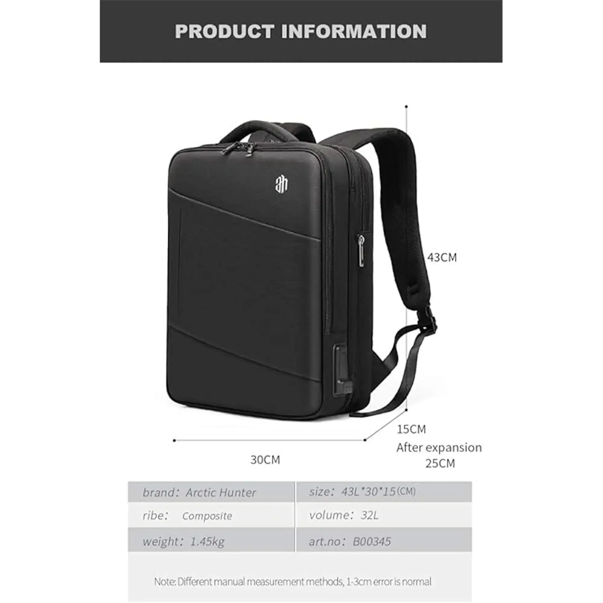 حقيبة ظهر Arctic Hunter 3 في 1 قابلة للتوسيع مقاس 18 بوصة مقاومة للماء وحقيبة كمبيوتر محمول للسفر والعمل للجنسين مع منفذ USB مدمج، B00345 / Arctic Hunter 3 in 1 Expandable Backpack 18 inch Water Resistant Travel Business Laptop Bag for Unisex with Built i - Sooqja سوقجة