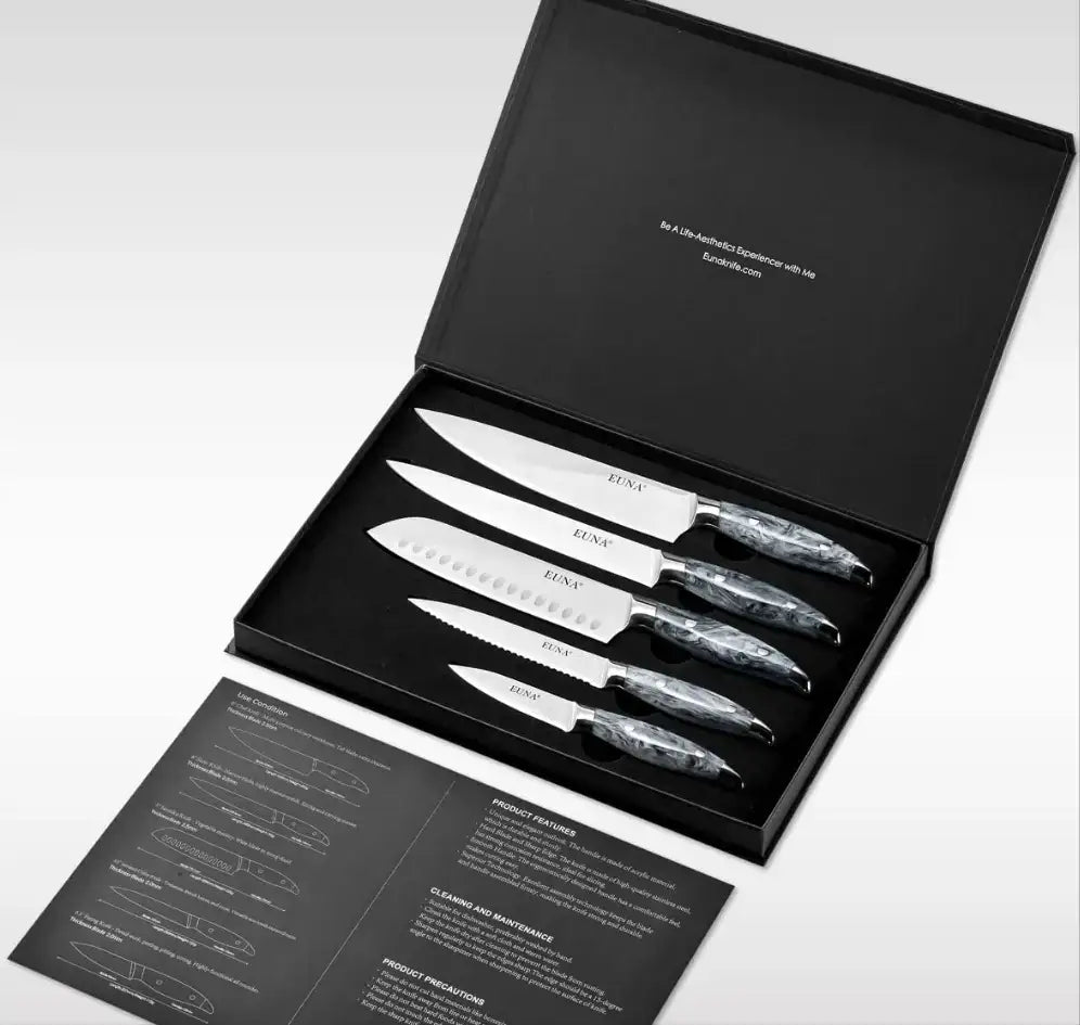 طقم سكاكين المطبخ من EUNA – 5 قطع احترافية بمقابض أكريليك بيضاء ، مصنوعة من الفولاذ المقاوم للصدأ - Sooqja سوقجة