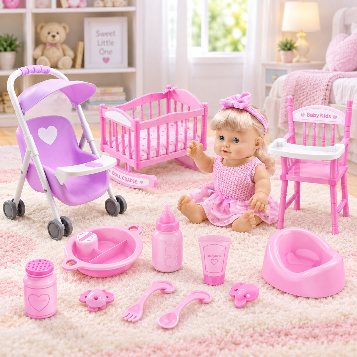 طقم Baby Kids دمية تفاعلية مع عربة وسرير وكرسي طعام وإكسسوارات - صورة رئيسية