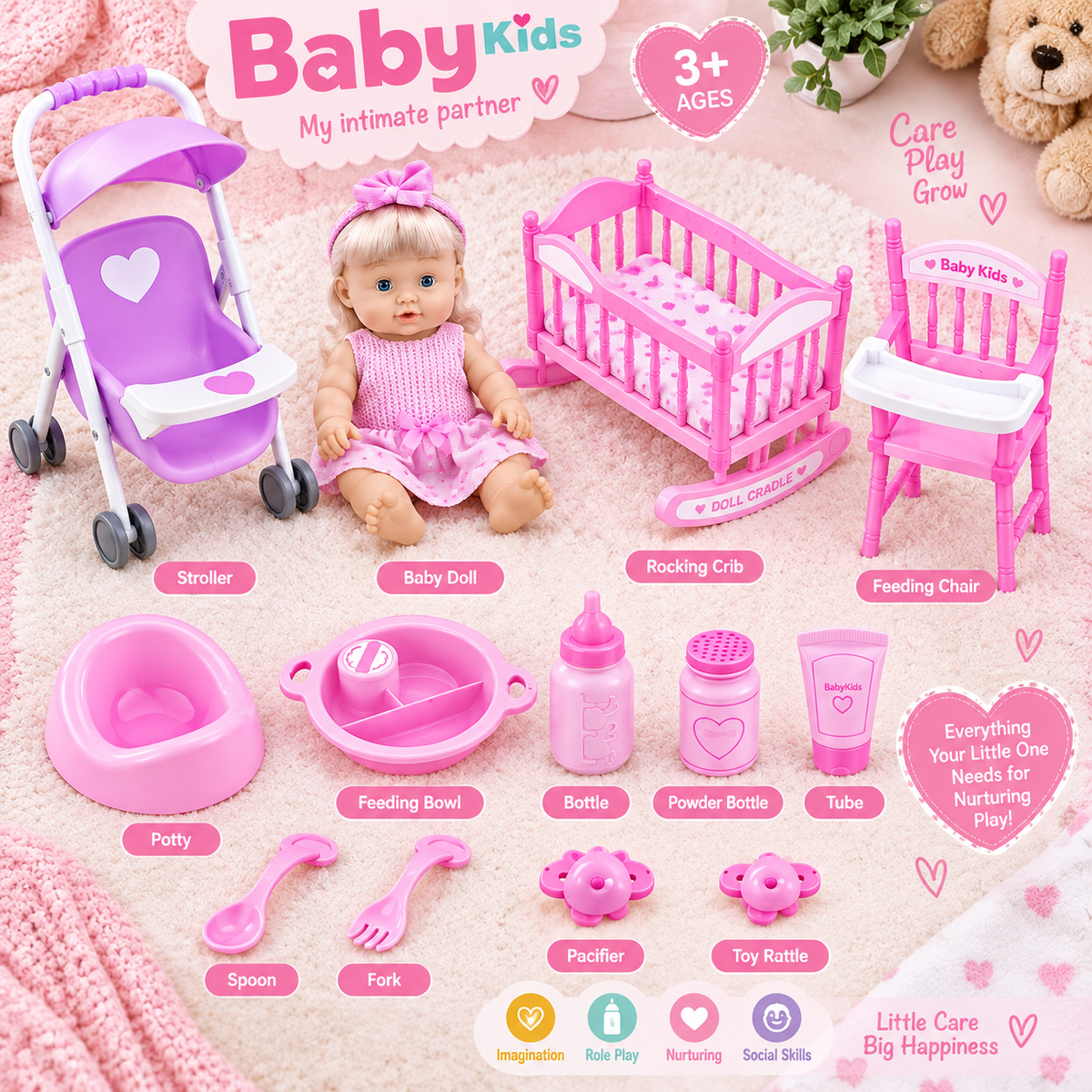 تفاصيل قطع طقم Baby Kids الدمية والعربة والسرير وكرسي الطعام وأدوات العناية