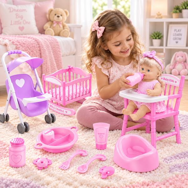 طفلة تلعب بطقم Baby Kids وتطعم الدمية بالرضاعة
