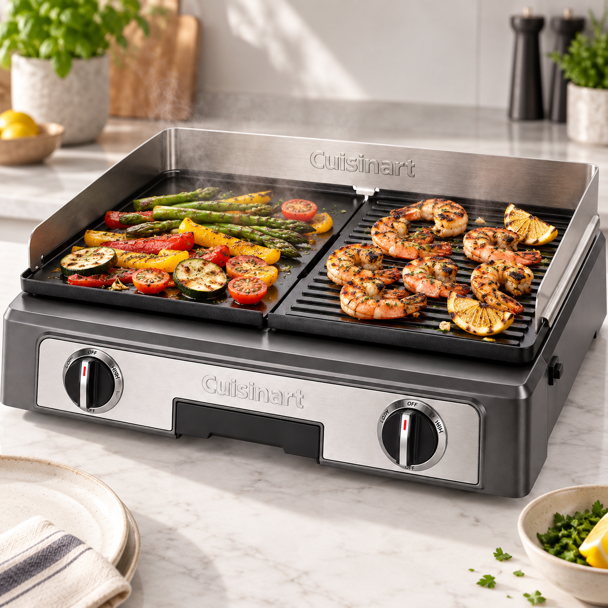 شواية Cuisinart Plancha BBQ Elite أثناء الطهي في المطبخ