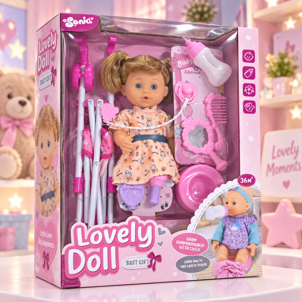 طقم Lovely Doll مع الدمية والعربة والرضاعة والإكسسوارات