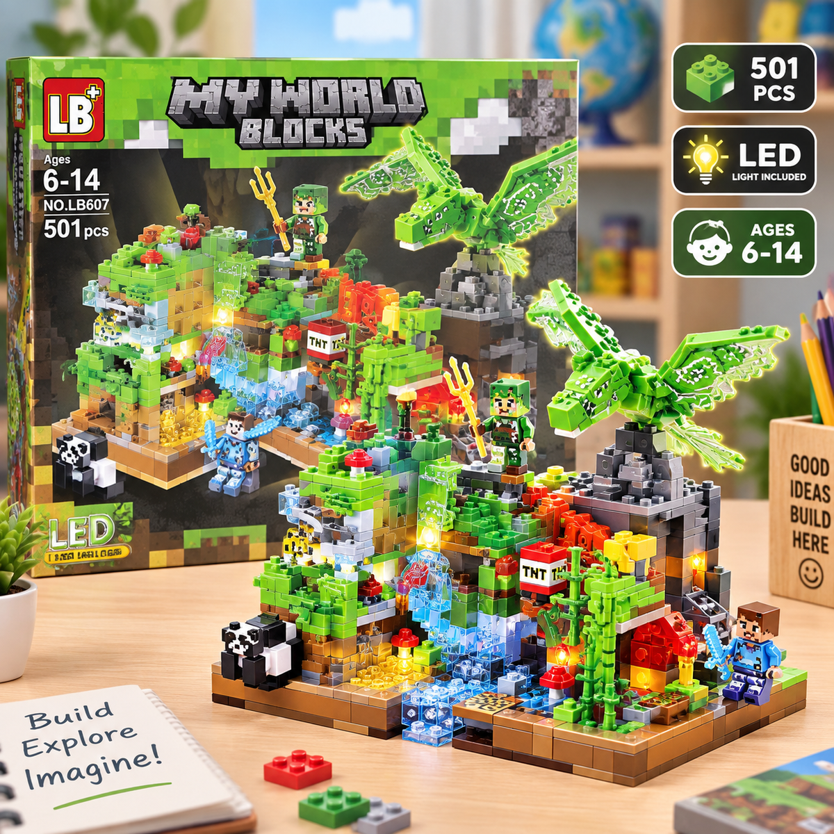 طقم My World Blocks LB607 عدد 501 قطعة مع إضاءة LED - عرض مع العبوة
