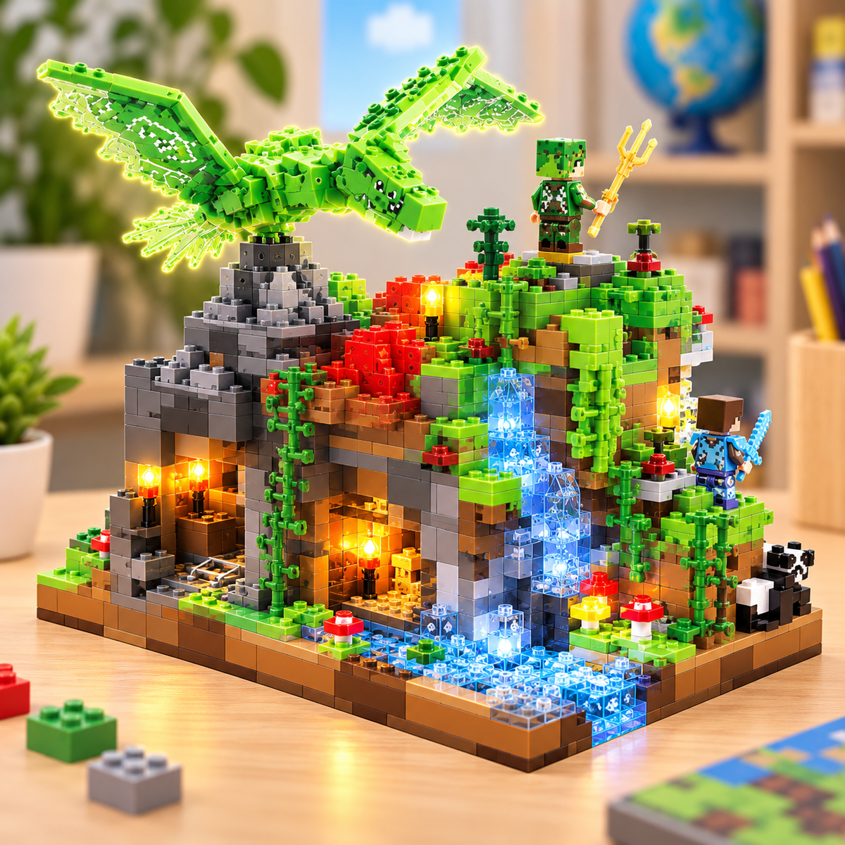 طقم My World Blocks LB607 - زاوية جانبية مع التنين والإضاءة