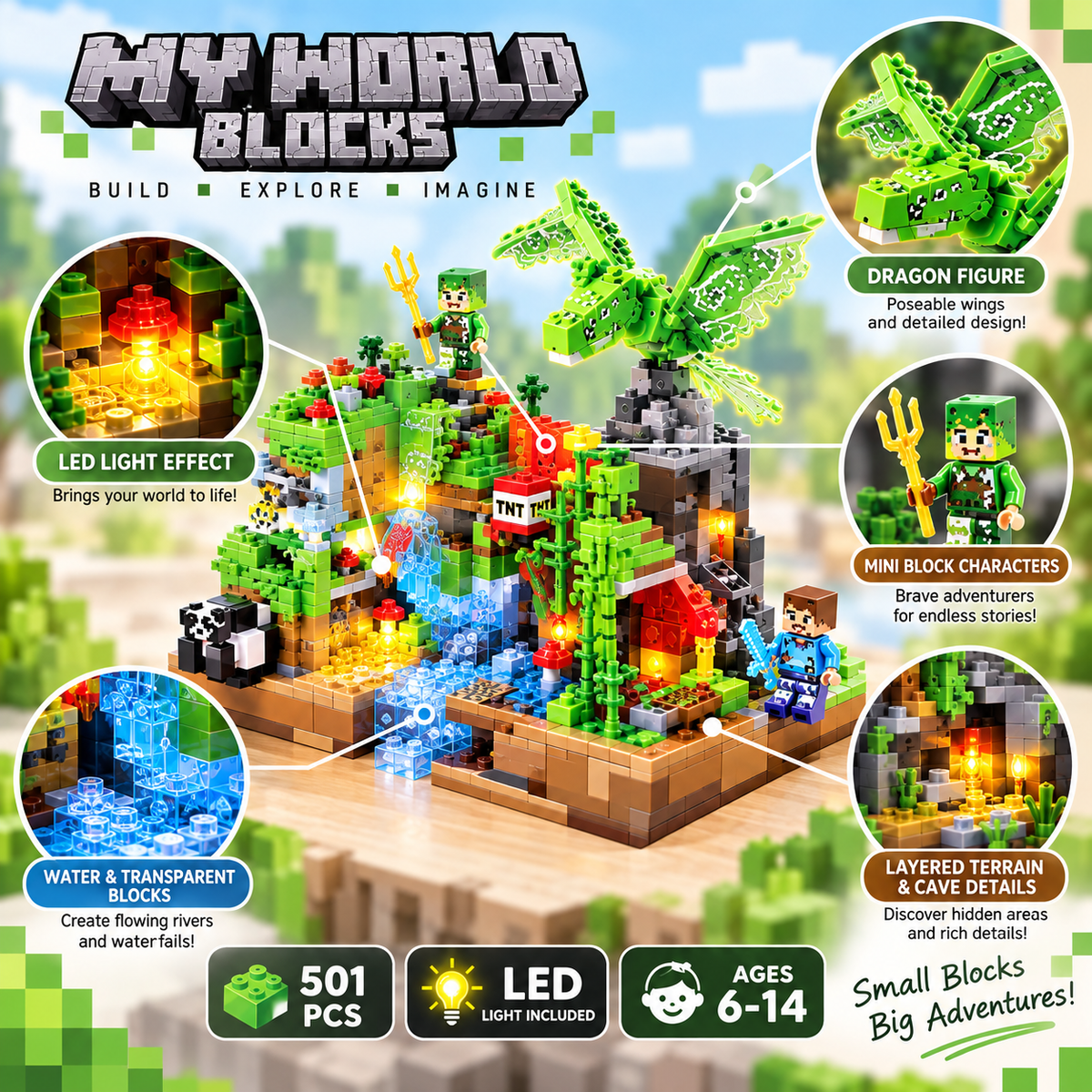 طقم My World Blocks LB607 - تفاصيل الإضاءة والقطع الشفافة والشخصيات