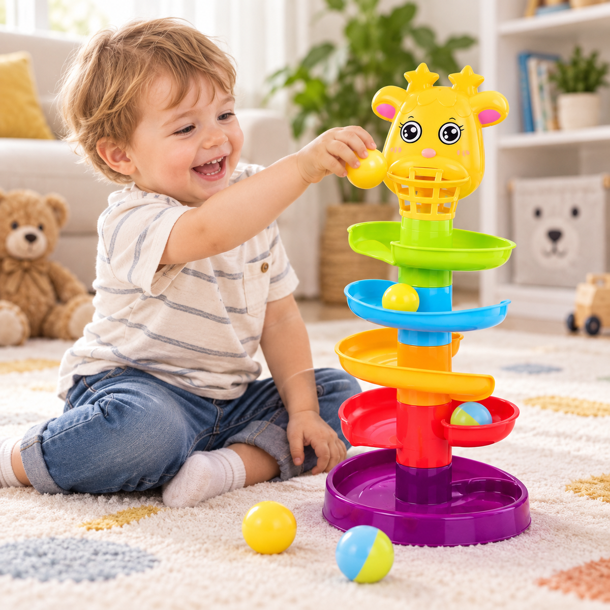 طفل يلعب بلعبة Orbit Spin Ball ومسار الكرات الحلزوني