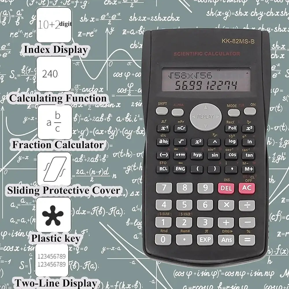 آلة حاسبة علمية محمولة DEXIN KK-82MS-B، آلة حاسبة علمية هندسية وظيفية مع 240 وظيفة وشاشة ذات سطرين للوازم المدرسية للطلاب والمعلمين والمكاتب التجارية والمنزلية (أسود)
