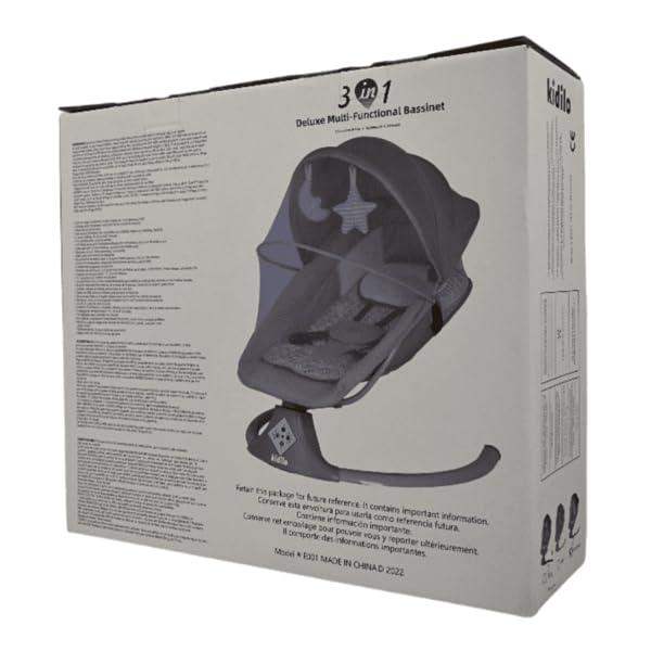 كرسي هزاز للأطفال كيديلو الأنيق الرمادي متعدد الاستخدامات ٣ في ١ - حركة جانبية، مقعد متكئ، مظلة مع ناموسية، اتصال بلوتوث، جهاز تحكم عن بعد، ١٥ نغمة هادئة, بألون السكني - Sooqja سوقجة