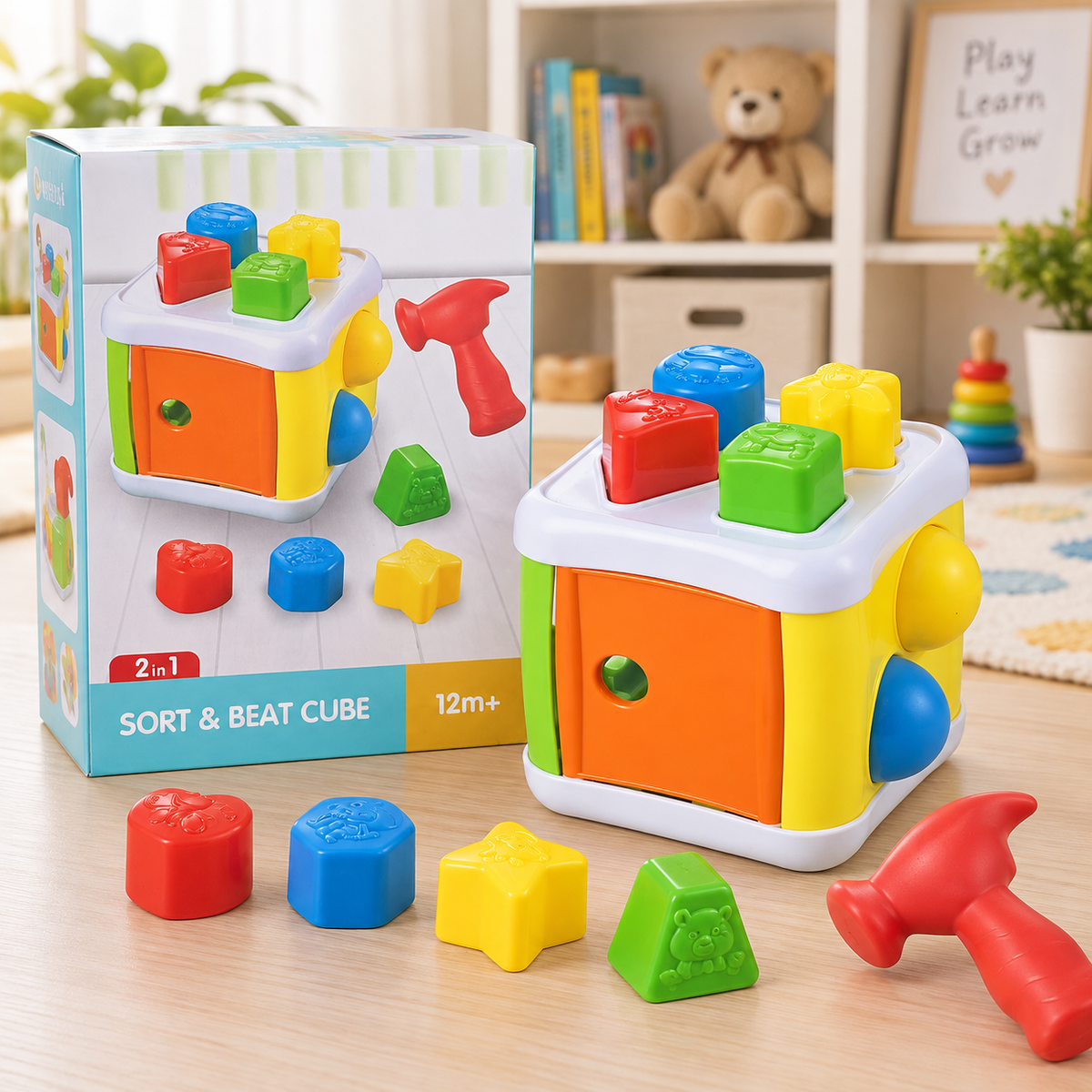 مكعب فرز الأشكال مع المطرقة 2 في 1 – Sort & Beat Cube