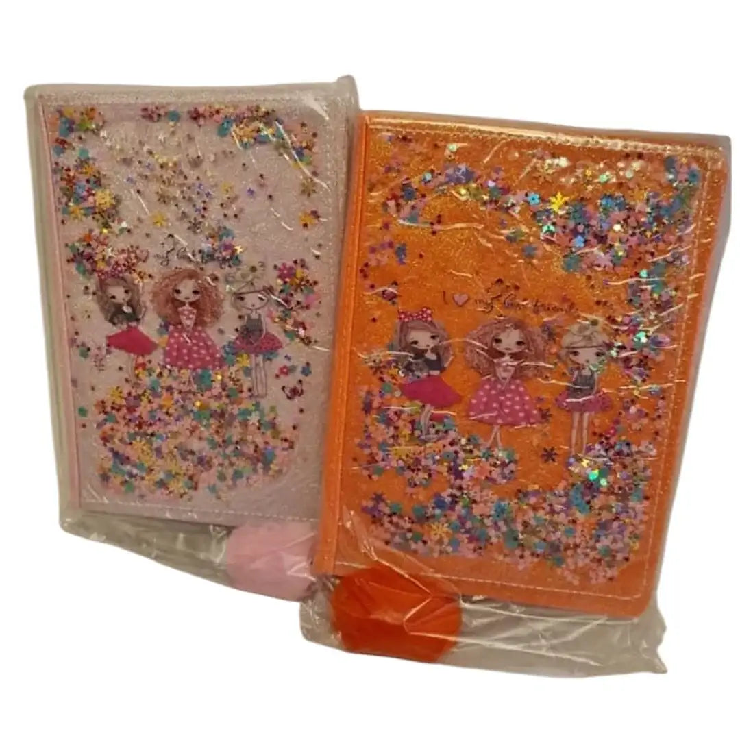 دفتر ملاحظات ومذكرات مزين بالترتر اللامع وصور للدمى، دفتر الصديقات بألون المشمشي، الزهري - Sooqja سوقجة