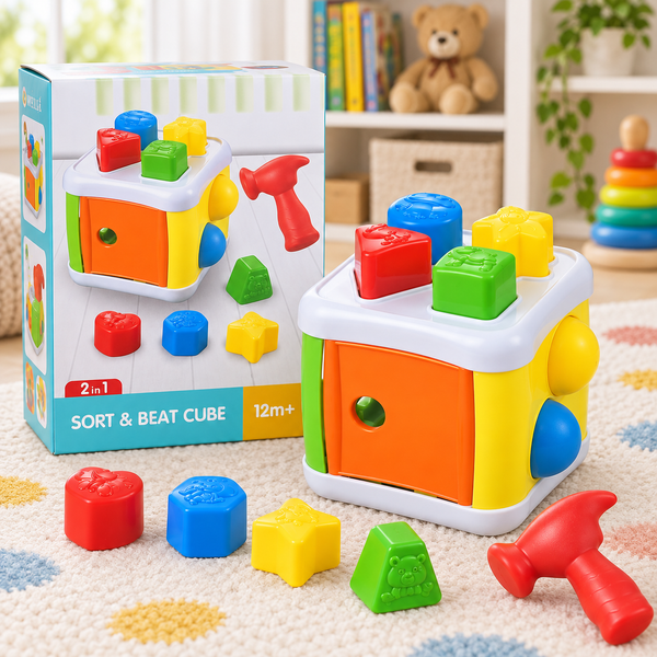 مكعب فرز الأشكال مع المطرقة 2 في 1 – Sort & Beat Cube