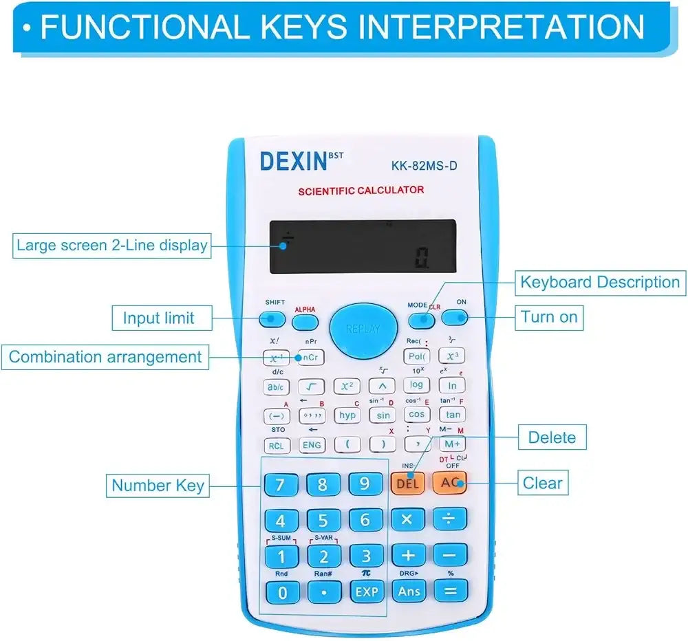 آلة حاسبة علمية KK-82MS-D DEXIN متعددة الوظائف – شاشة ذات سطرين، 240 وظيفة، 12 رقم، مثالية للطلاب والمكاتب والمدارس (أزرق) (زهري)
