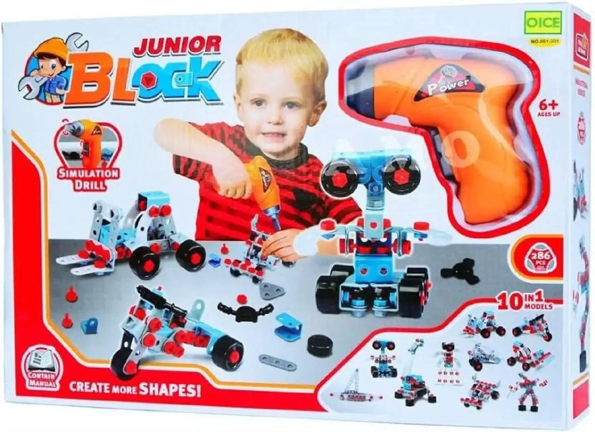 لعبة التركيب المتطورة Junior Block – مع مثقاب كهربائي وهمي للأطفال