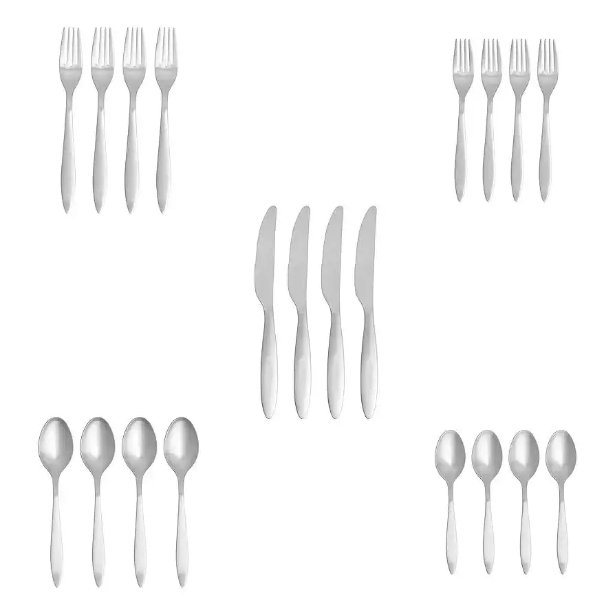 طقم أدوات مائدة أمازون بيسكس من الفولاذ المقاوم للصدأ، ساتان مطفي، مكون من 20 قطعة - خدمة لأربعة أشخاص، رمادي - Sooqja سوقجة