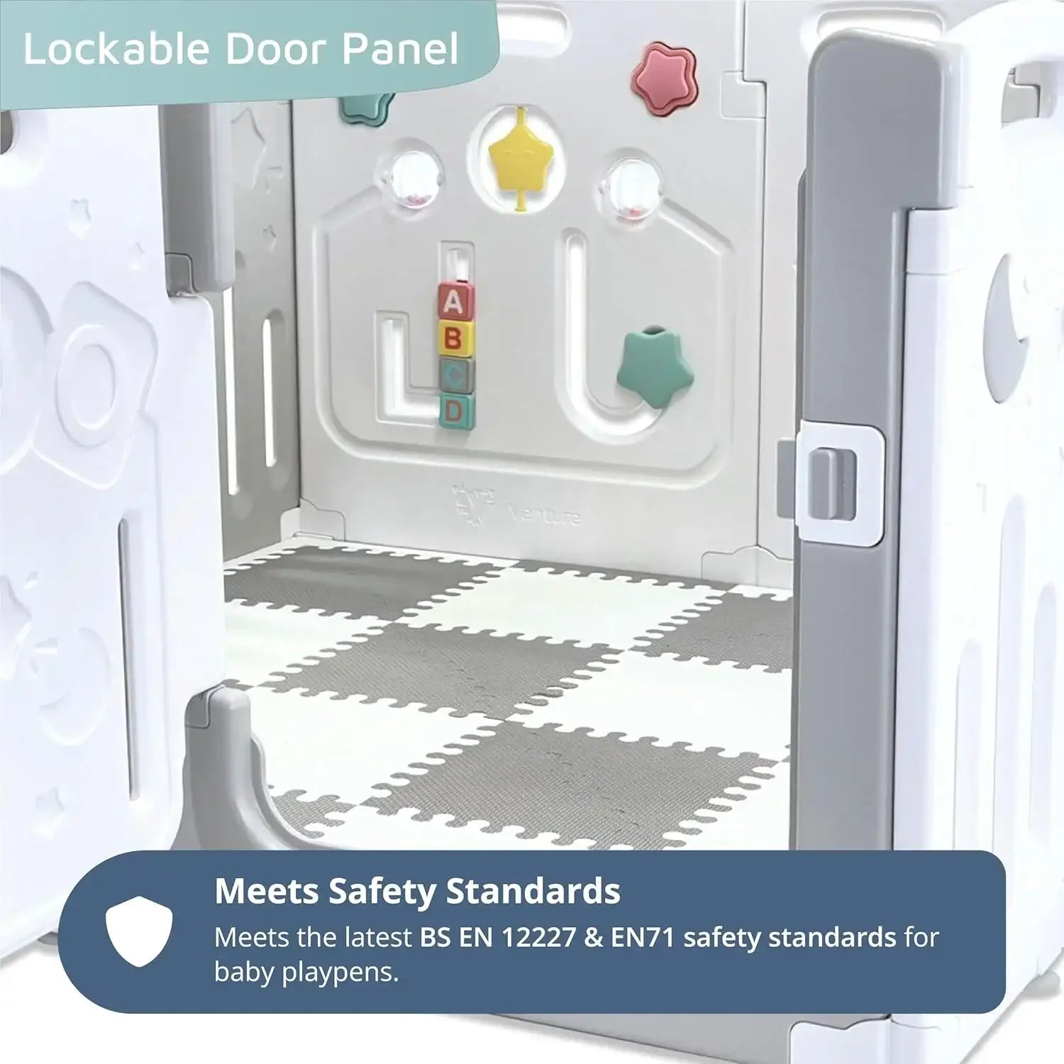 حاجز أطفال متعدد الاستخدامات من Venture – موديل All Star Duo باللون الرمادي، مع حصائر لعب وكرات لعب - Sooqja سوقجة