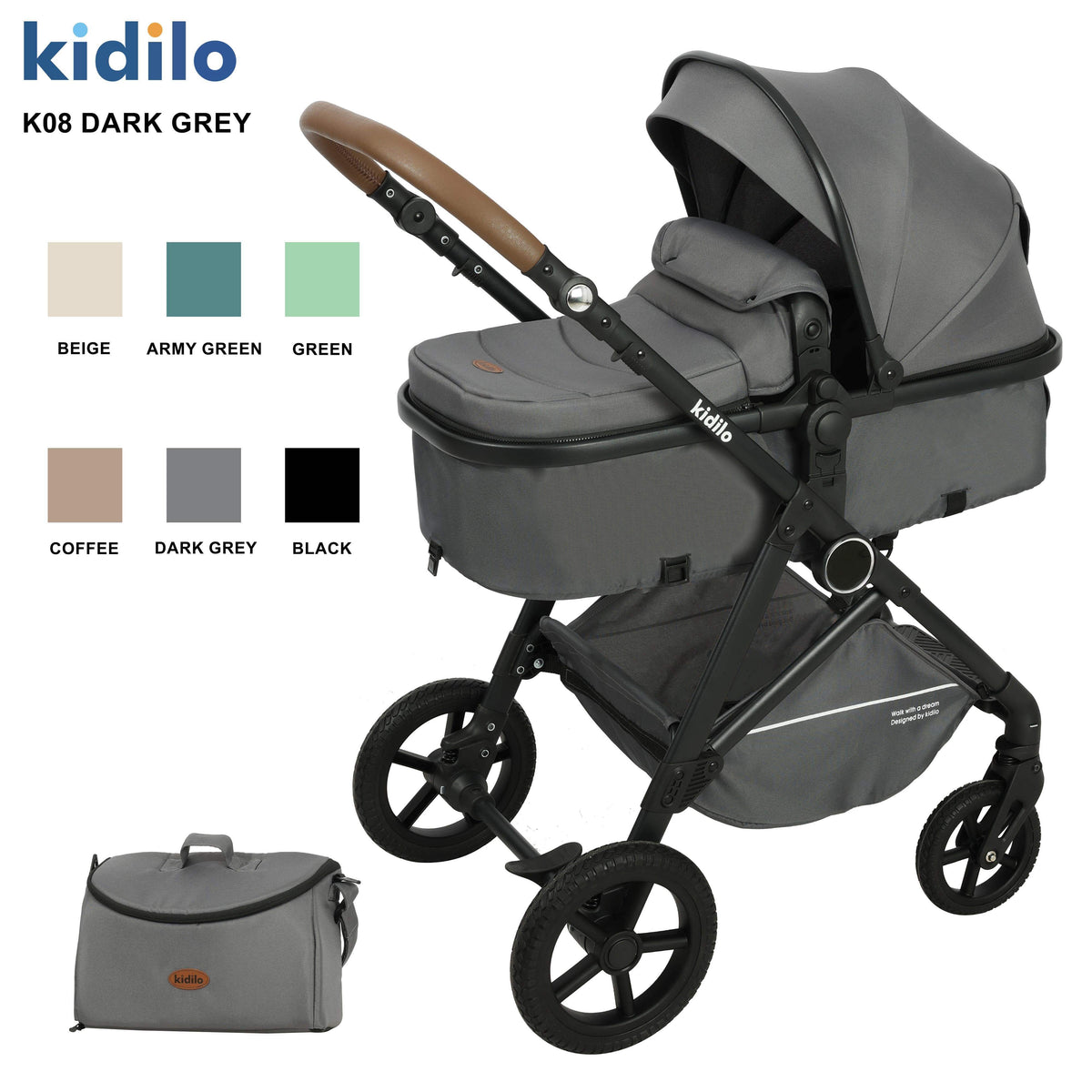 عربة أطفال Kidilo K08 – تصميم فاخر ومريح للمواليد حتى عمر 3 سنوات