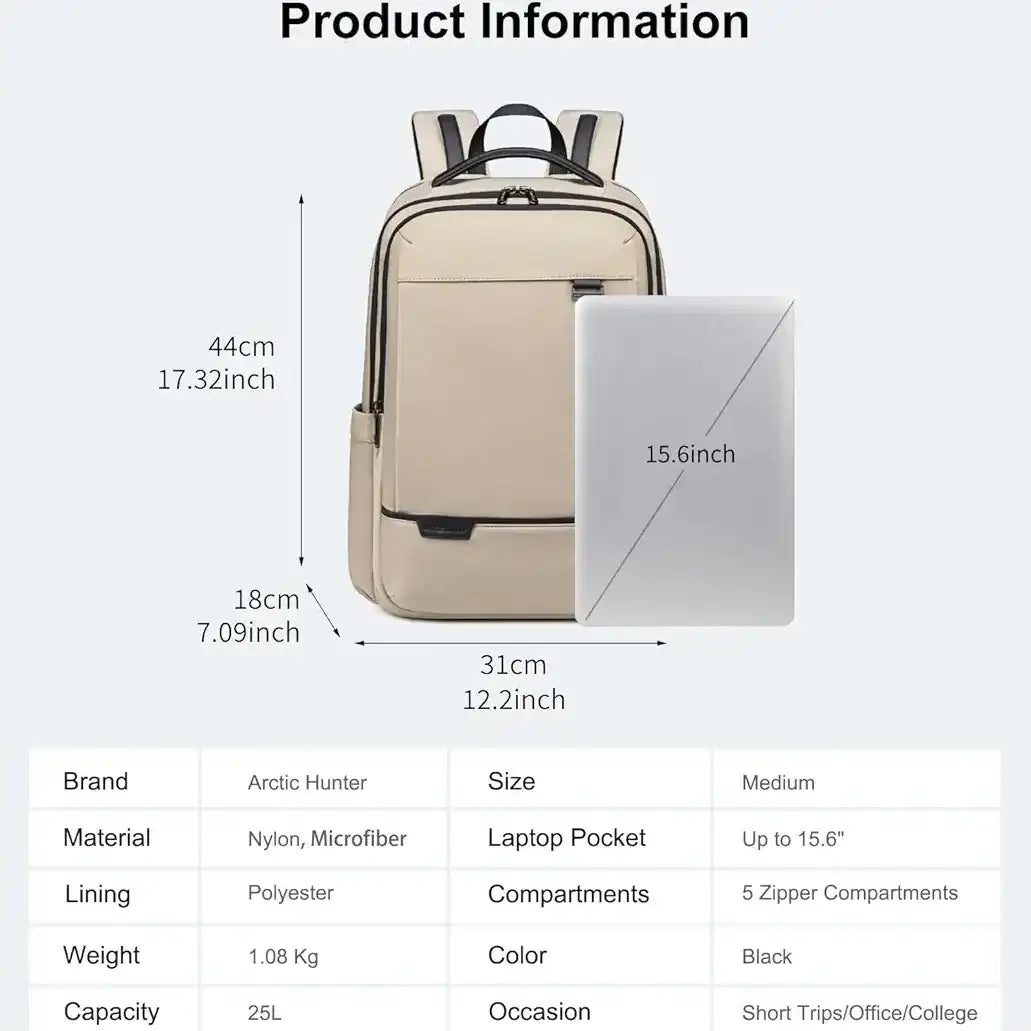 حقيبة ظهر Arctic Hunter Business B00810 للرجال والنساء من النايلون سعة 25 لترًا مقاومة للماء مع جيوب متعددة وحجرة كمبيوتر محمول مقاس 15.6 بوصة مضادة للسرقة للمكتب والسفر والجامعة / Arctic Hunter Business Backpack B00810 for Men Women Nylon 25L Laptop Bag - Sooqja سوقجة
