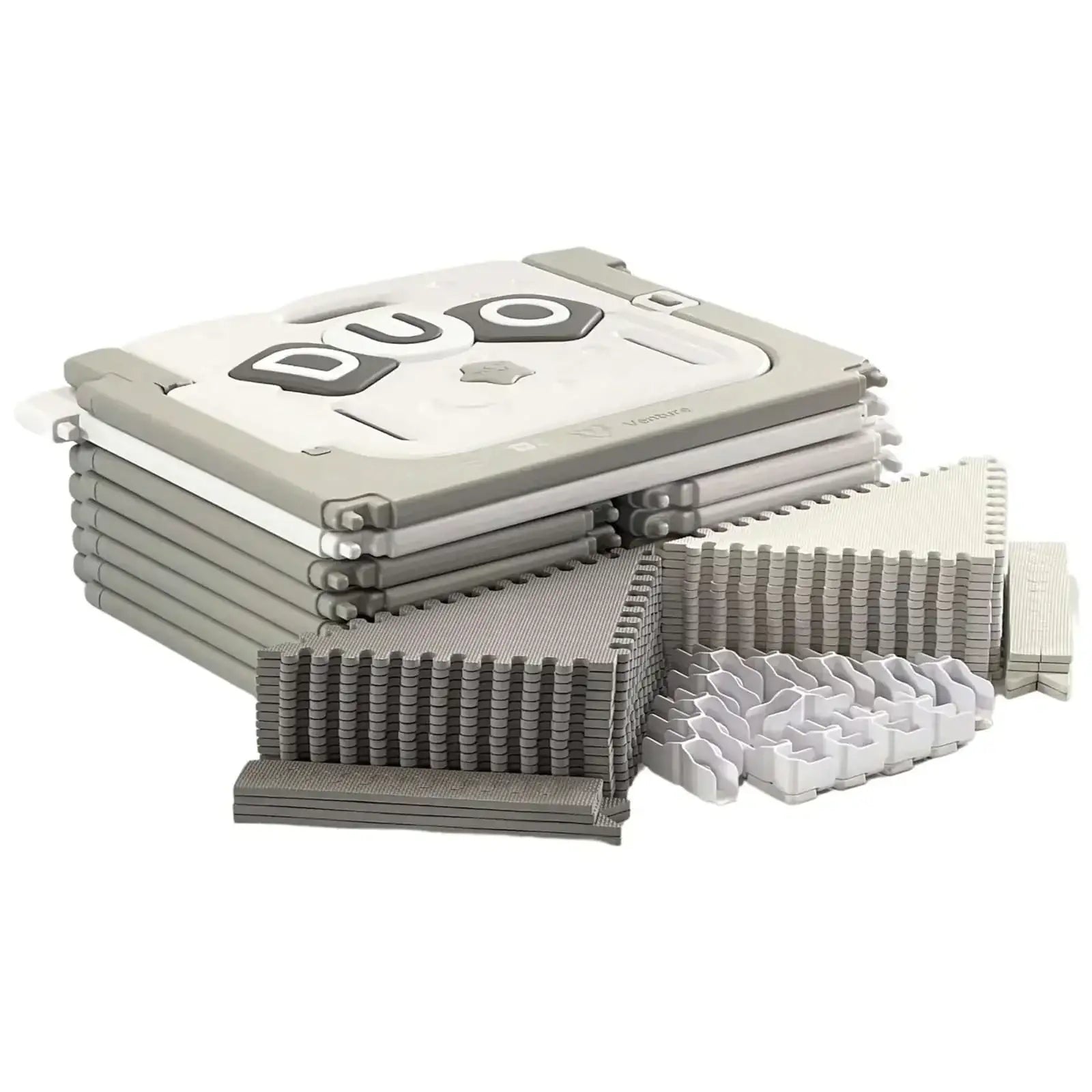 حاجز أطفال متعدد الاستخدامات من Venture – موديل All Star Duo باللون الرمادي، مع حصائر لعب وكرات لعب - Sooqja سوقجة