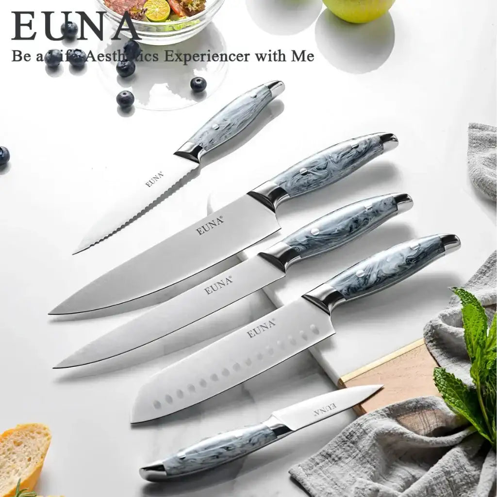 طقم سكاكين المطبخ من EUNA – 5 قطع احترافية بمقابض أكريليك بيضاء ، مصنوعة من الفولاذ المقاوم للصدأ