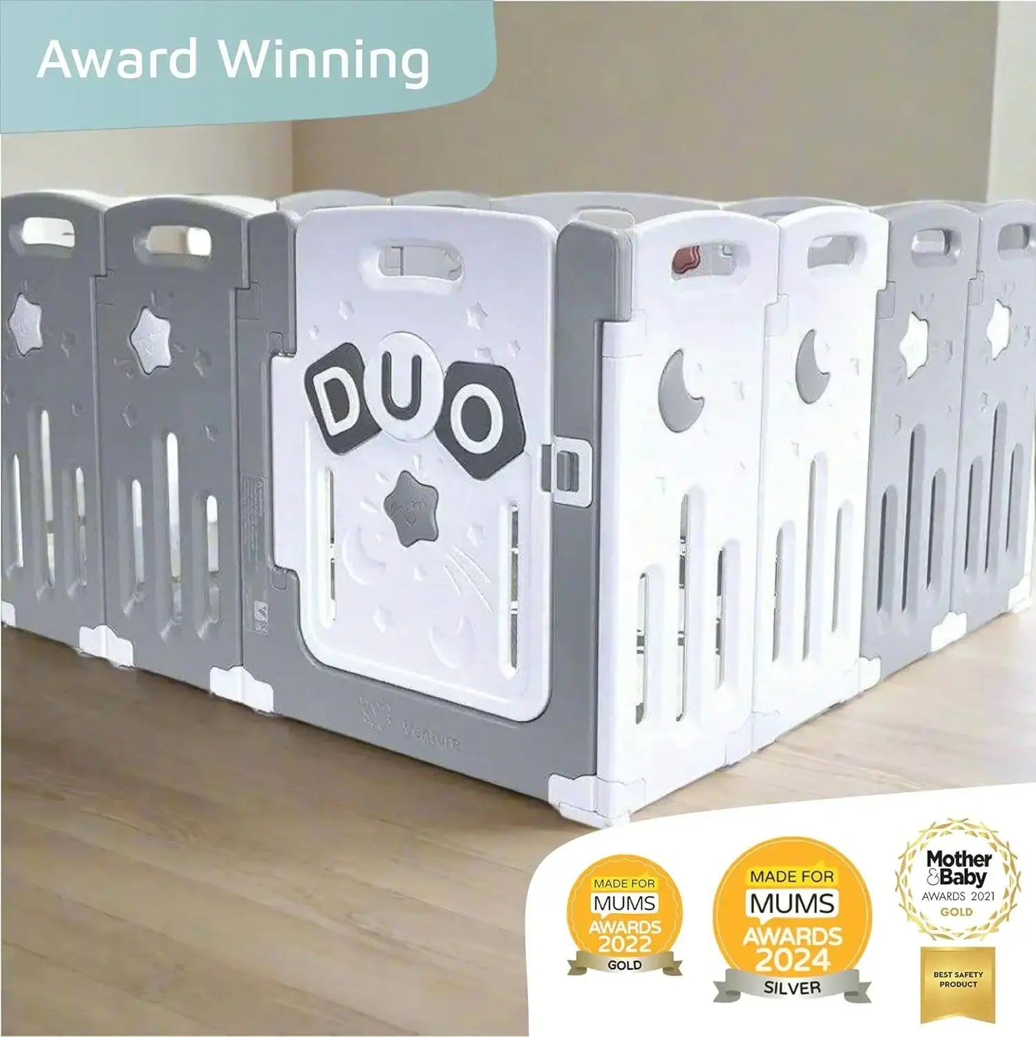 حاجز أطفال متعدد الاستخدامات من Venture – موديل All Star Duo باللون الرمادي، مع حصائر لعب وكرات لعب - Sooqja سوقجة