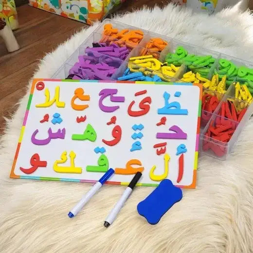 مجموعة حروف عربية مغناطيسية للأطفال، ٣٧٨ قطعة، مع لوح مغناطيسي مزدوج، وأقلام تلوين، وممحاة، وبطاقات تعليمية، وصندوق تخزين لتعلم الحروف وأشكالها (الأول، الأوسط، الأخير، المنفصل)